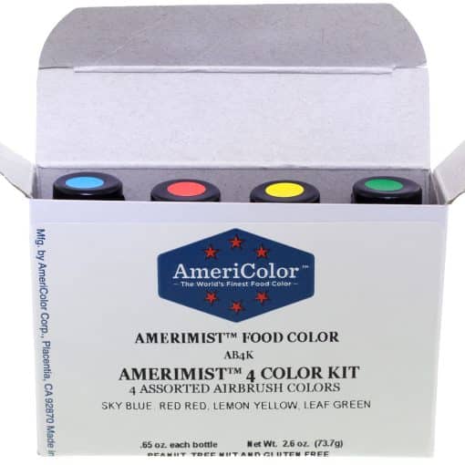 Open AmeriColor® AmeriMist™ 4 Color Airbrush Kit box showing four bottles with blue, red, yellow, and green color-coded caps.