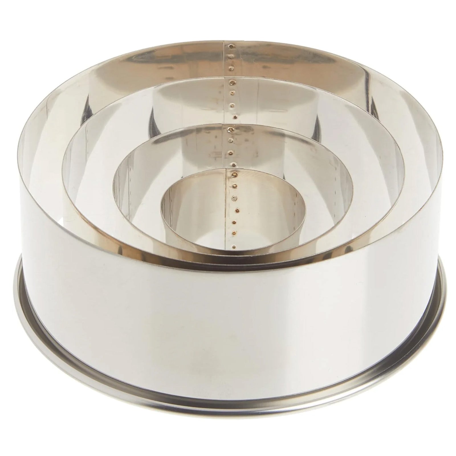 Nested set of four round stainless steel cutters stacked inside each other on a white background, showing multiple circular sizes.