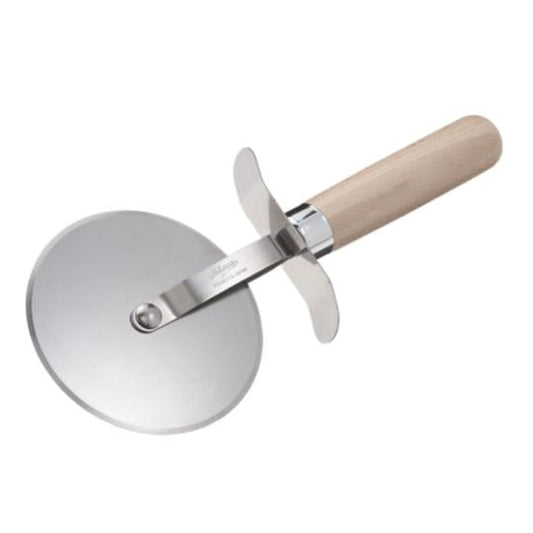 Ateco 4-inch stainless steel pastry and pizza wheel cutter with a natural wood handle and safety guard for precision slicing.