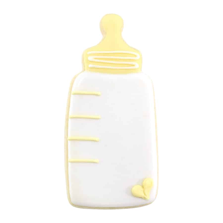 Baby bottle-shaped cookie decorated with white icing and yellow accents, made using the 4-inch cutter.