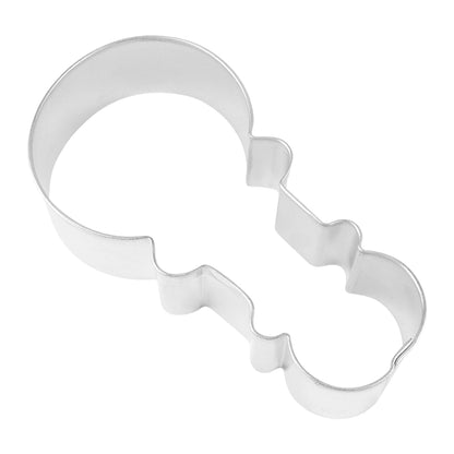 Top view of a 4-inch baby rattle-shaped cookie cutter with a whimsical design.