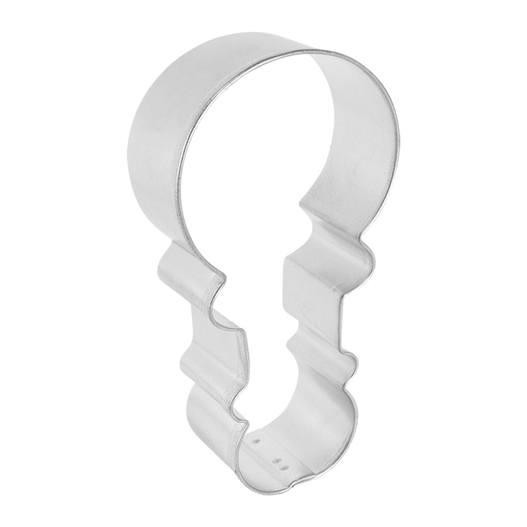 Side angle of the baby rattle cookie cutter, showcasing its intricate details