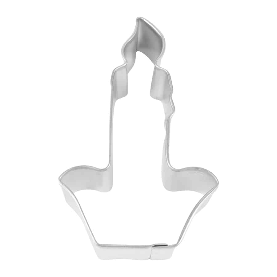 Tinplated steel candle-shaped cookie cutter on a white background.