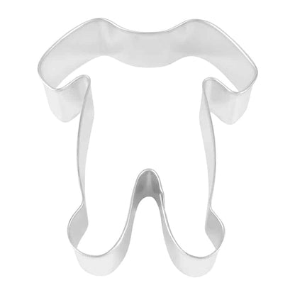 4-inch footie pajamas cookie cutter with smooth curves and detailed edges, viewed from above.