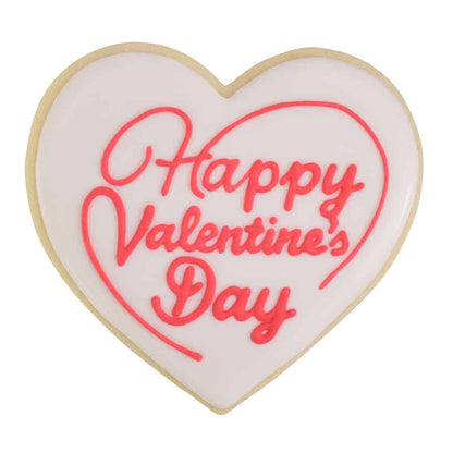 Heart cookie with white icing and red 'Happy Valentine's Day' lettering, perfect for romantic occasions