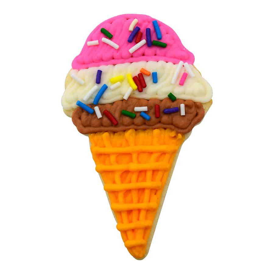 Decorated cookie with triple scoops of pink, white, and brown "ice cream" and colorful sprinkles.