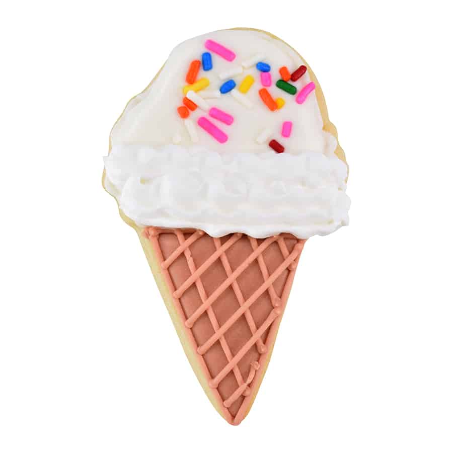 Decorated cookie resembling a classic ice cream cone with white frosting and rainbow sprinkles.