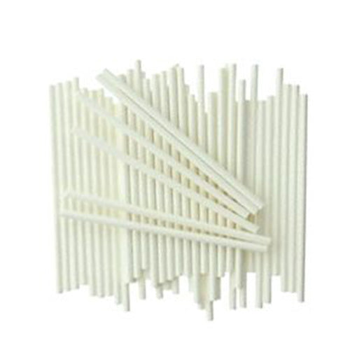 Bundle of white 4-inch lollipop sucker sticks arranged in a clustered stack on a white background, showing short straight sticks for candy molds and cake pops.
