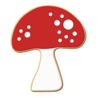 Decorated mushroom cookie with a red cap and white polka dots, perfect for woodland or fairy tale themes.