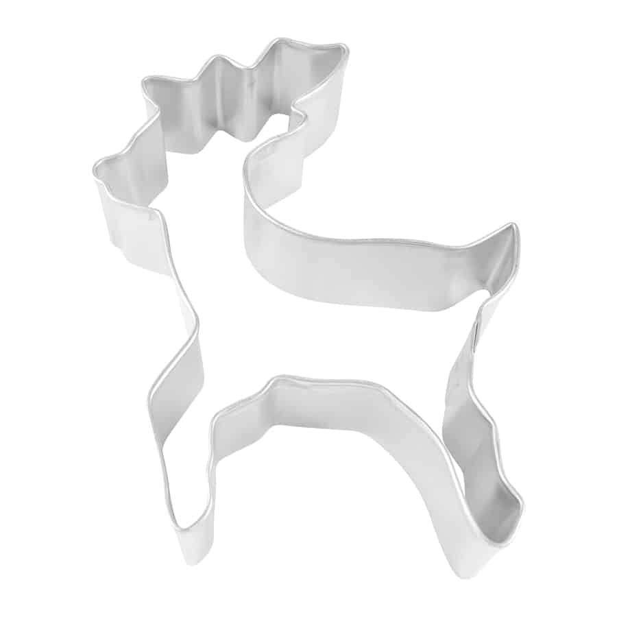 4-inch standing reindeer cookie cutter made of durable steel, perfect for holiday baking.