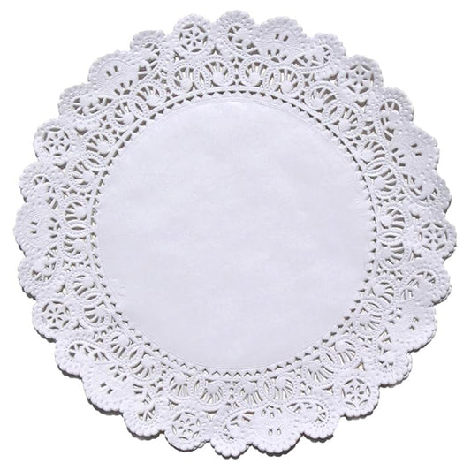 4 inch white paper lace doily with scalloped edge and detailed cutouts, photographed flat on a white background.