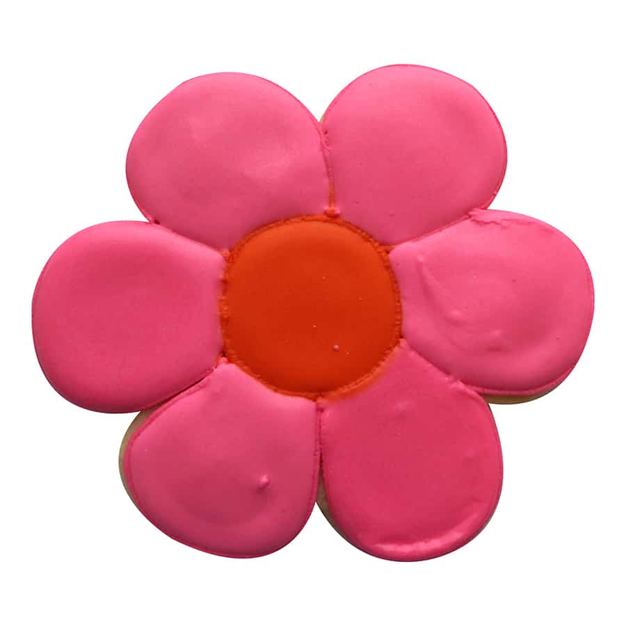 Decorated pink flower cookie with scalloped edges, featuring a vibrant orange center.