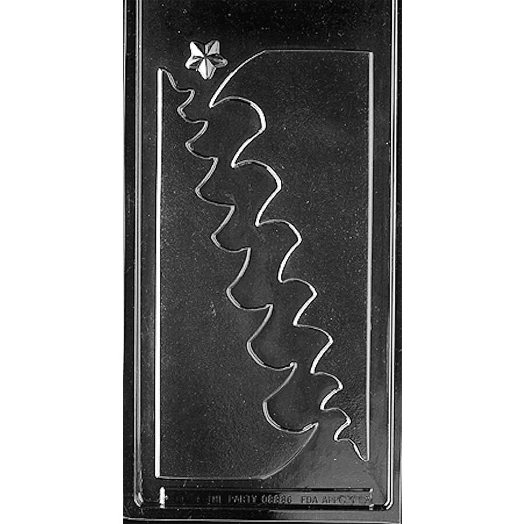 Four-piece Christmas tree cutout chocolate mold with two 11 1/2" x 4 1/2" x 1/8" tree panel cavities and a separate star for assembling one freestanding tree