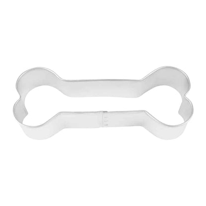 Metal dog bone-shaped cookie cutter with rounded edges and a long center.