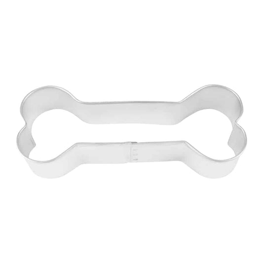 Metal dog bone-shaped cookie cutter with rounded edges and a long center.