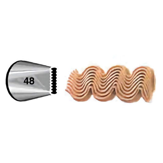 Stainless steel piping tip #48 with a ridged, flat opening, shown with a wavy icing pattern demonstrating its design.