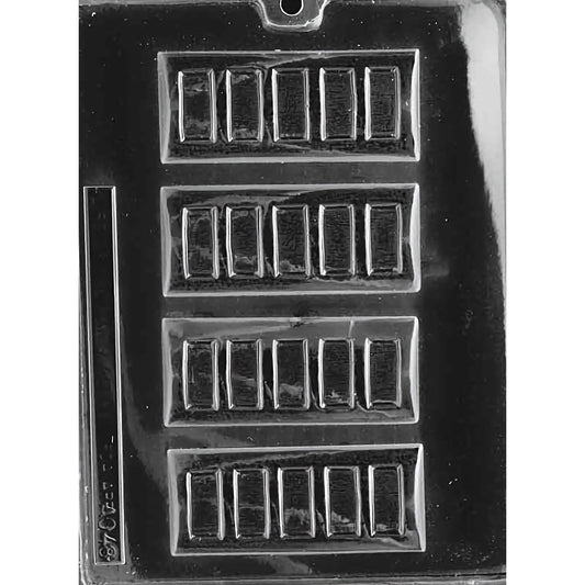 Chocolate Bar Chocolate Mold featuring three cavities, each 4 3/8 inches by 1 7/8 inches and 3/8 inches deep, with a traditional segmented design. Made of food-grade plastic and manufactured in the USA.