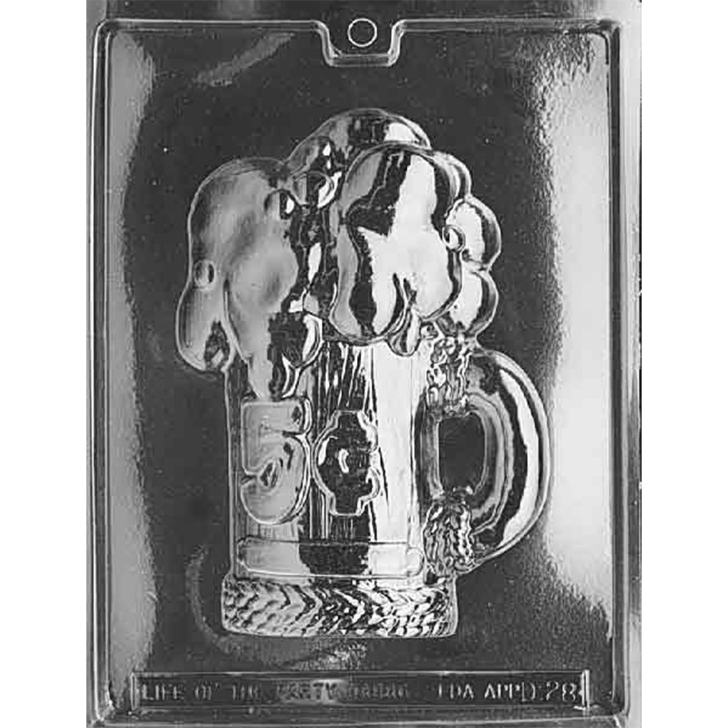 Clear chocolate mold with one oversized beer mug cavity featuring a curved handle, textured base, raised 5¢ detail, and thick foam spilling over the top.