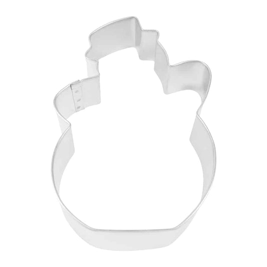 Metal snowman-shaped cookie cutter, 5 inches in size.