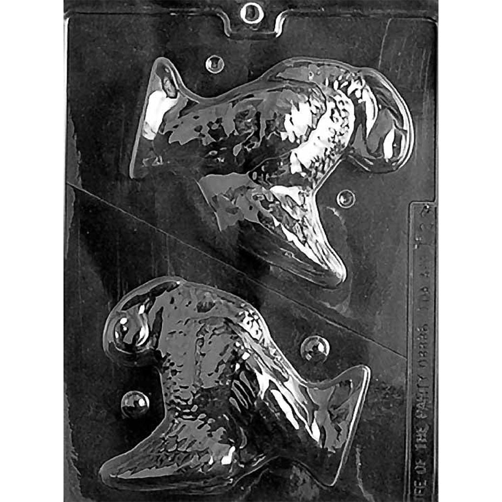Clear plastic chocolate mold with two mirrored turkey halves on one sheet, made to be cut apart and used as a 3D turkey mold.