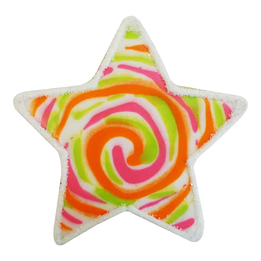 A star-shaped sugar cookie with a bright, multicolored swirl pattern in pink, orange, and green.