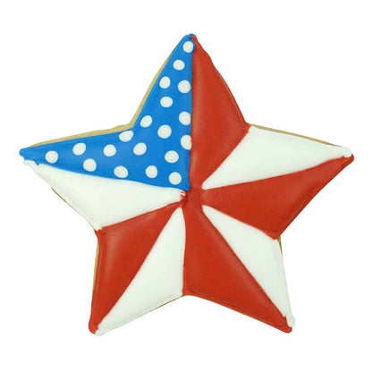 A decorated star-shaped sugar cookie with red, white, and blue icing in an American flag-inspired design.