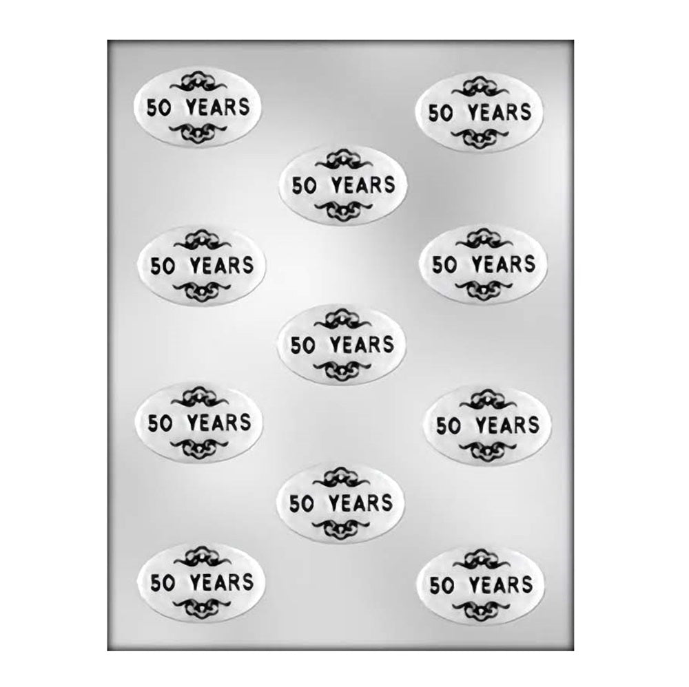 Chocolate mold displaying multiple ovals with the inscription "50 Years" surrounded by delicate filigree, perfect for celebrating golden anniversaries.