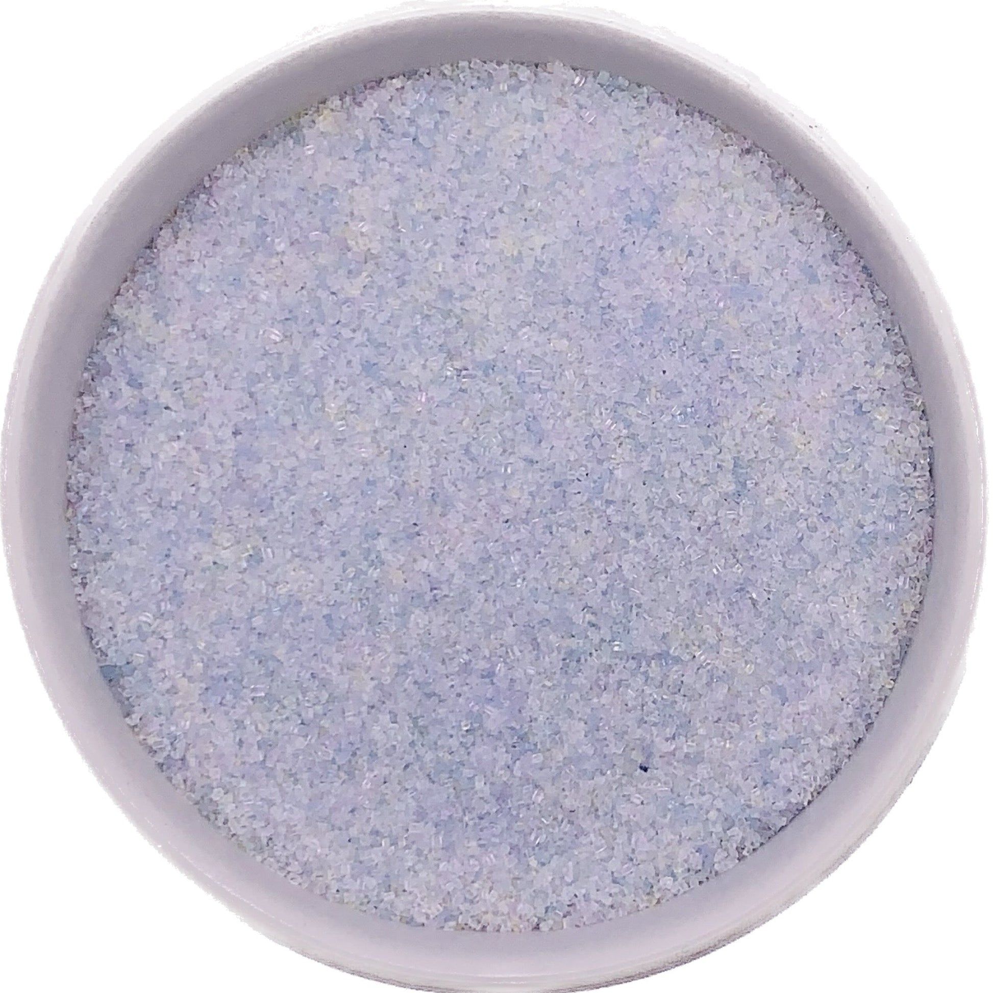 Opal fine sanding sugar in a clear container, translucent crystals with iridescent shimmer and a pearl-like effect.