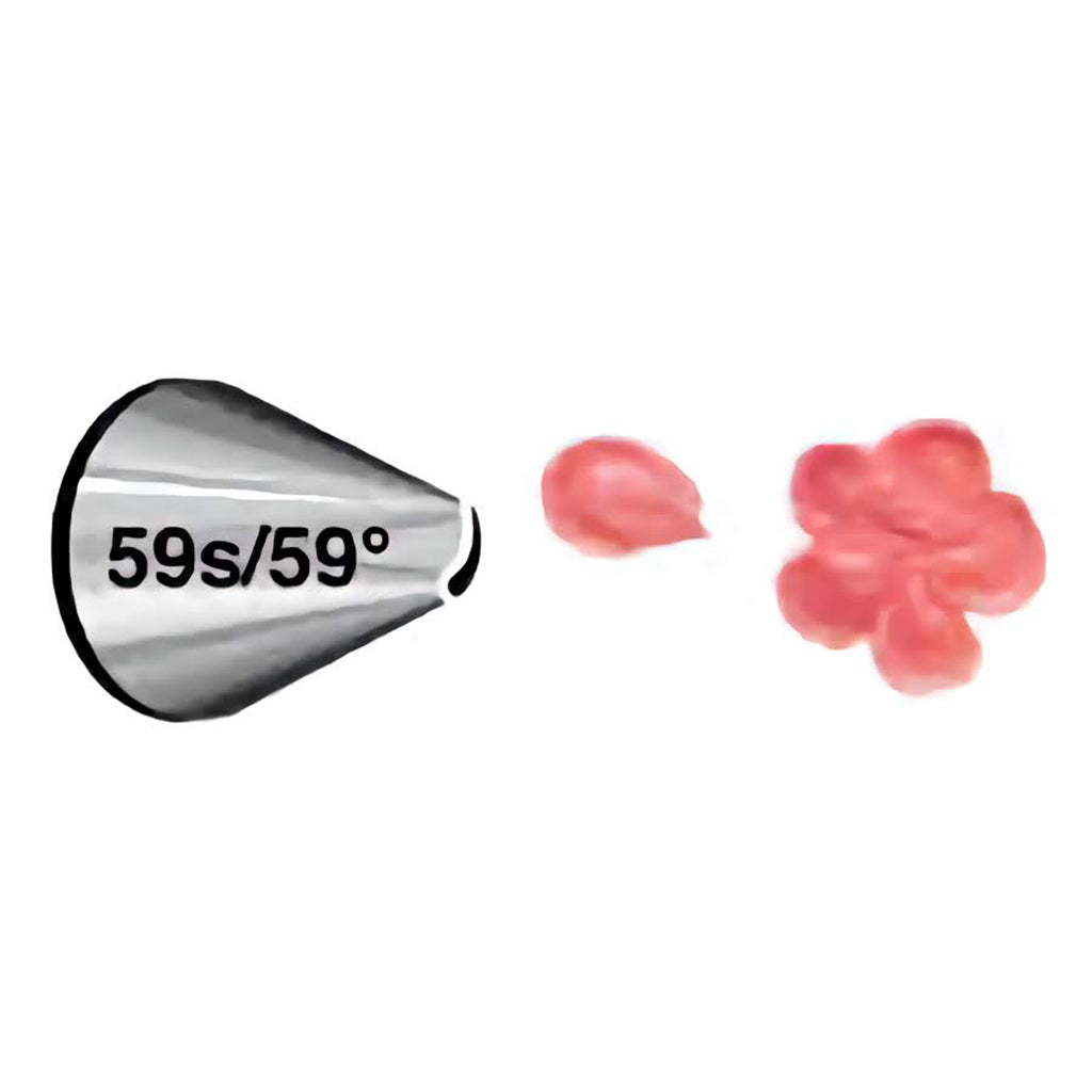 Piping tip 59s/59° with a curved opening, shown creating pink flower petals and ruffles, ideal for decorating cakes and cupcakes.

