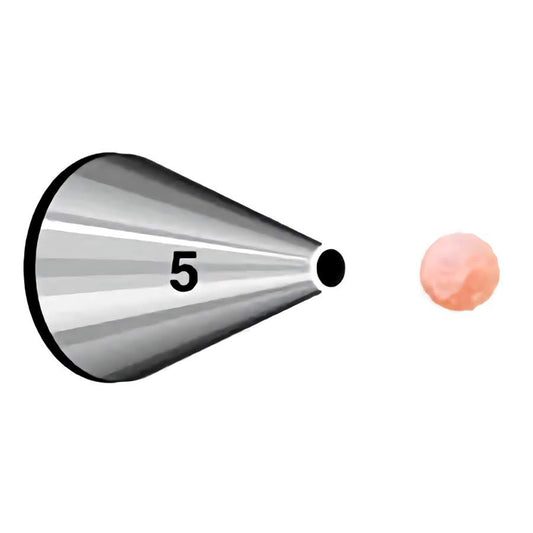 Stainless steel piping tip #5 with a round opening, shown with a dot of pink icing, illustrating its use.