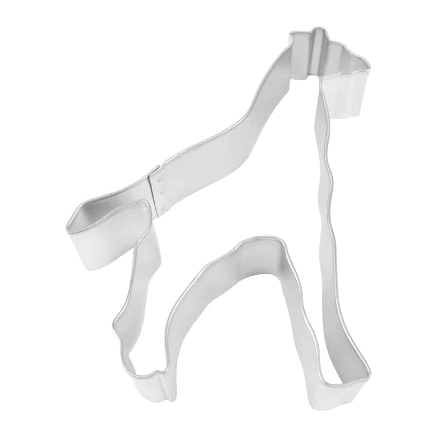 5-inch steel giraffe cookie cutter with dimensions 5" x 4.5" x 1", perfect for creating giraffe-shaped cookies and fondant decorations.