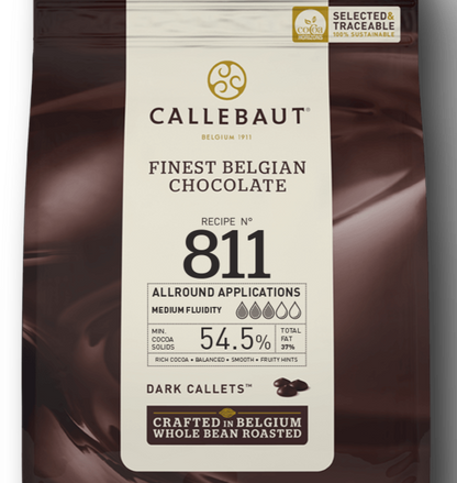 Bag of Callebaut Finest Belgian Dark Chocolate Callets, with 54.5% cocoa solids, for all-round applications.