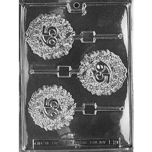 Clear chocolate lollipop mold with three round cavities, each showing the number 65 inside a floral wreath design with stick channels.