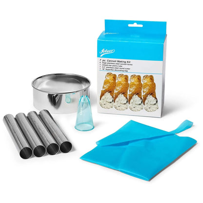 Ateco cannoli making kit with four stainless steel cannoli forms, a round metal cutter, a blue decorating bag, a clear blue star tip, and product box on a white background.