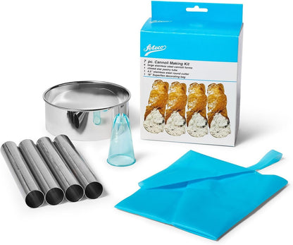 Boxed set of the Ateco Cannoli Making Kit, featuring all tools needed to create homemade cannoli.