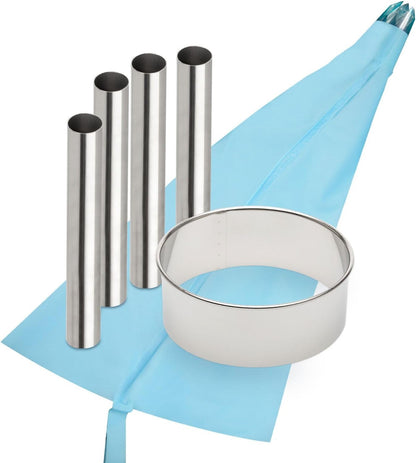 Ateco Cannoli Making Kit with stainless steel forms, round cutter, piping bag, and decorating tip.