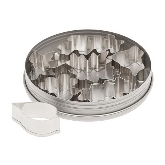 Ateco 4852 7-piece stainless steel leaf cutter set with various leaf-shaped cutters neatly stored in a round metal tin.