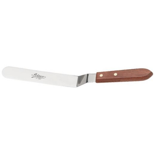 7.75-inch offset spatula with angled neck and wood handle for frosting cakes.