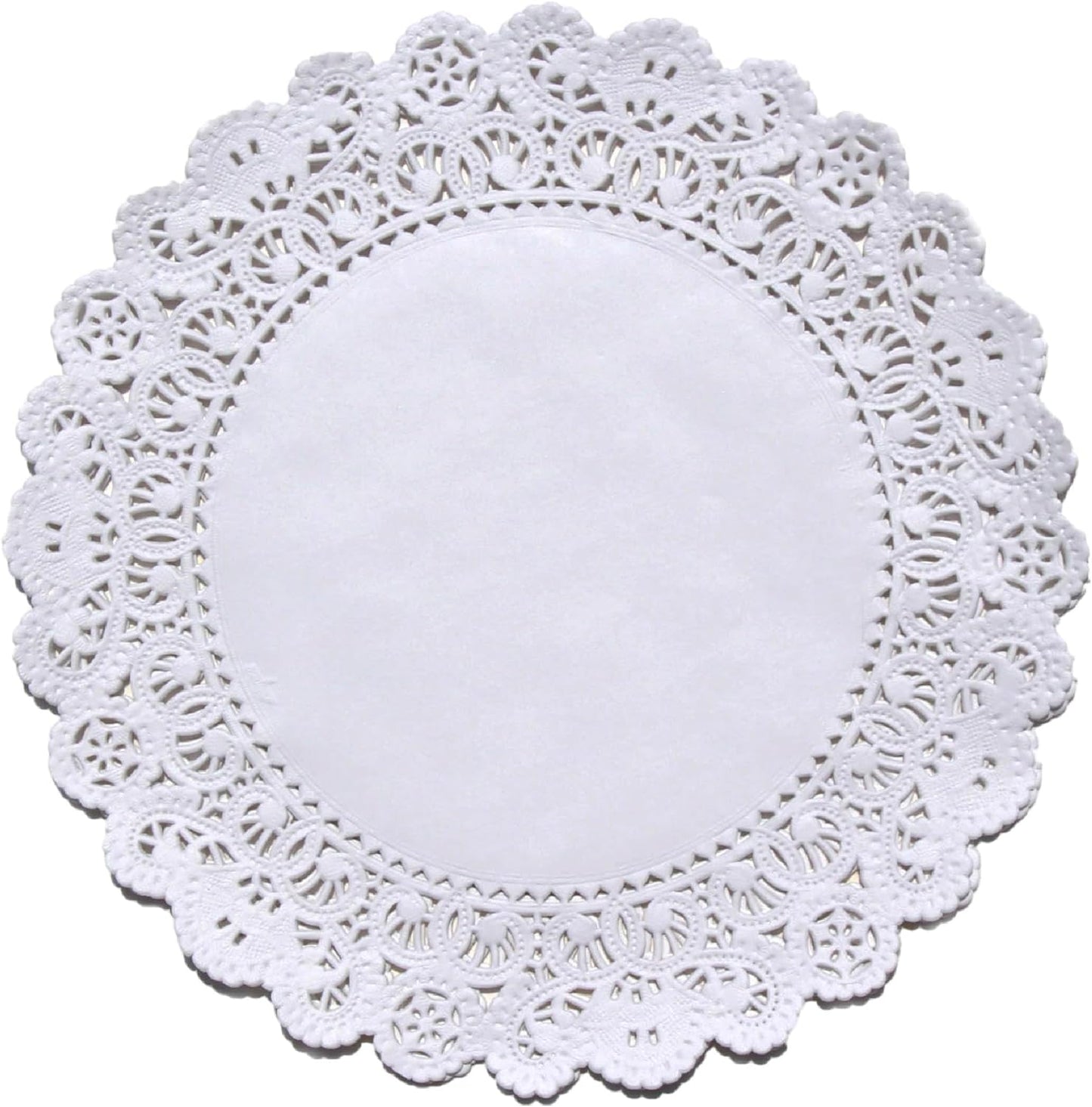 White round paper doily with intricate lace-like edges.