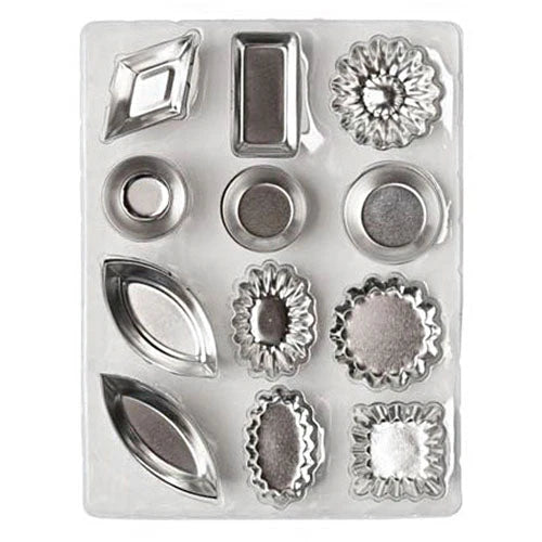 Ateco 4840 72-piece tartlet mold set featuring an assortment of tin molds in various shapes, including ovals, circles, diamonds, and rectangles.