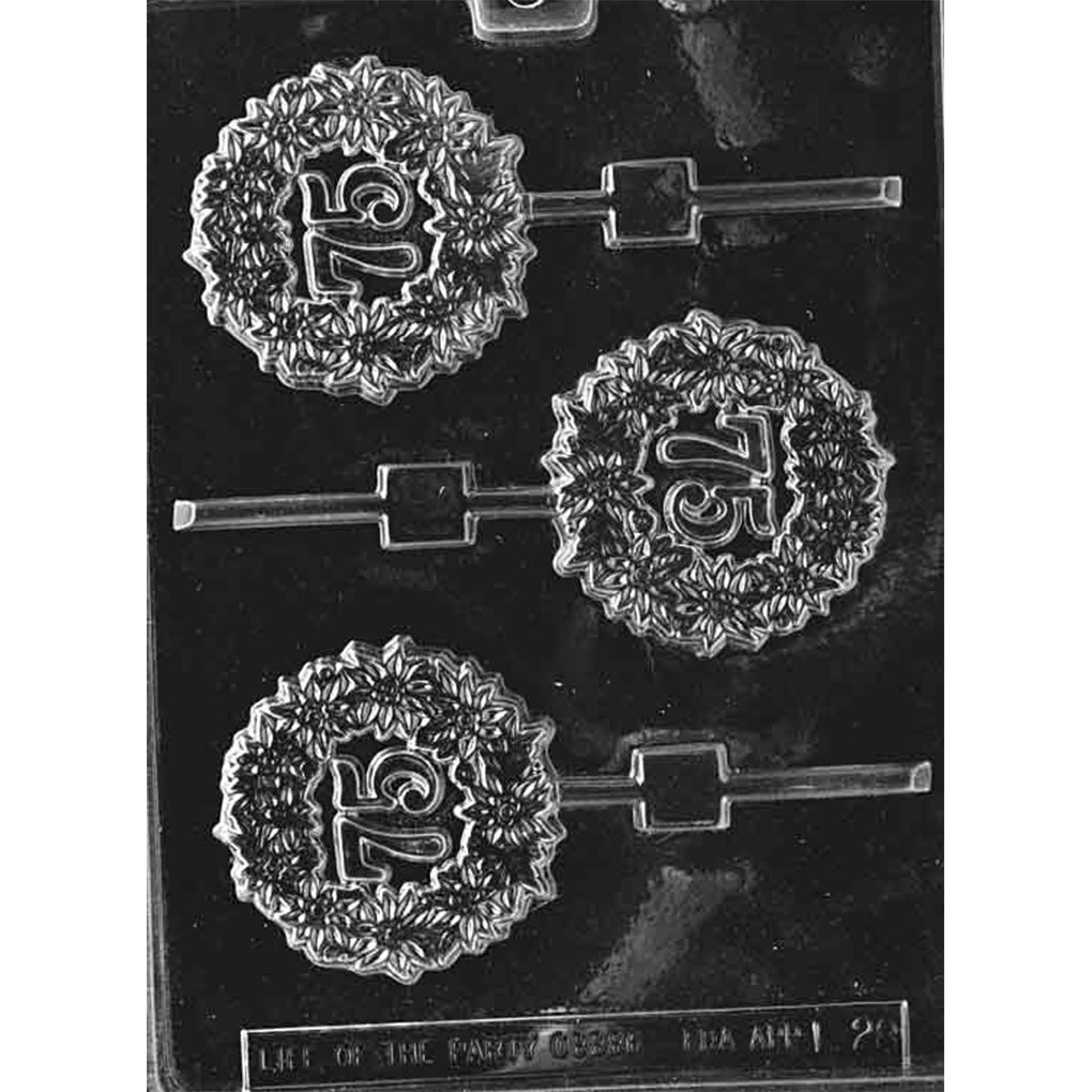 Clear plastic 75th in wreath chocolate lollipop mold with three round cavities featuring a floral wreath surrounding the number 75 and stick channels for chocolate pops.
