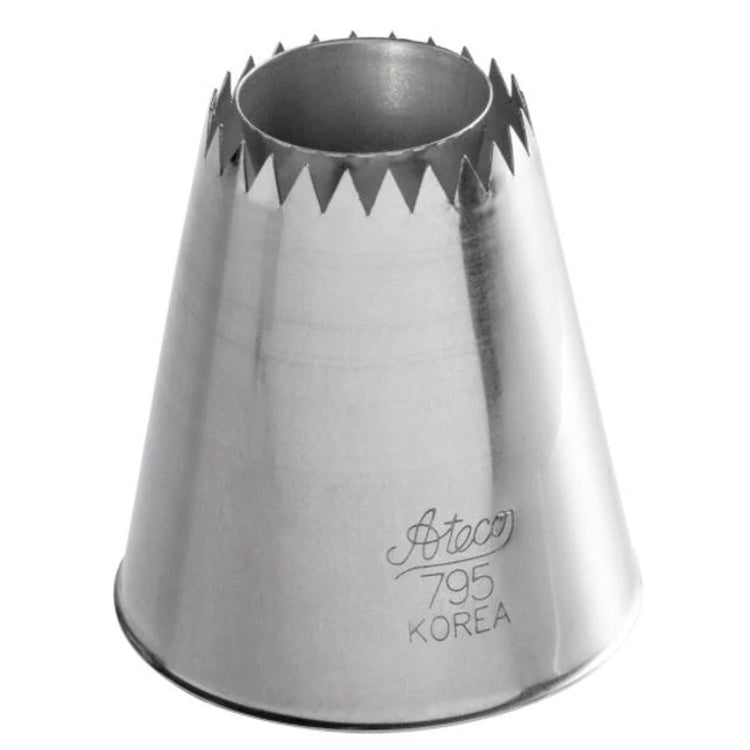 Close-up of a stainless steel 795 Sultan flat cone piping tip with a jagged, zigzag cut edge, shown on a white background.
