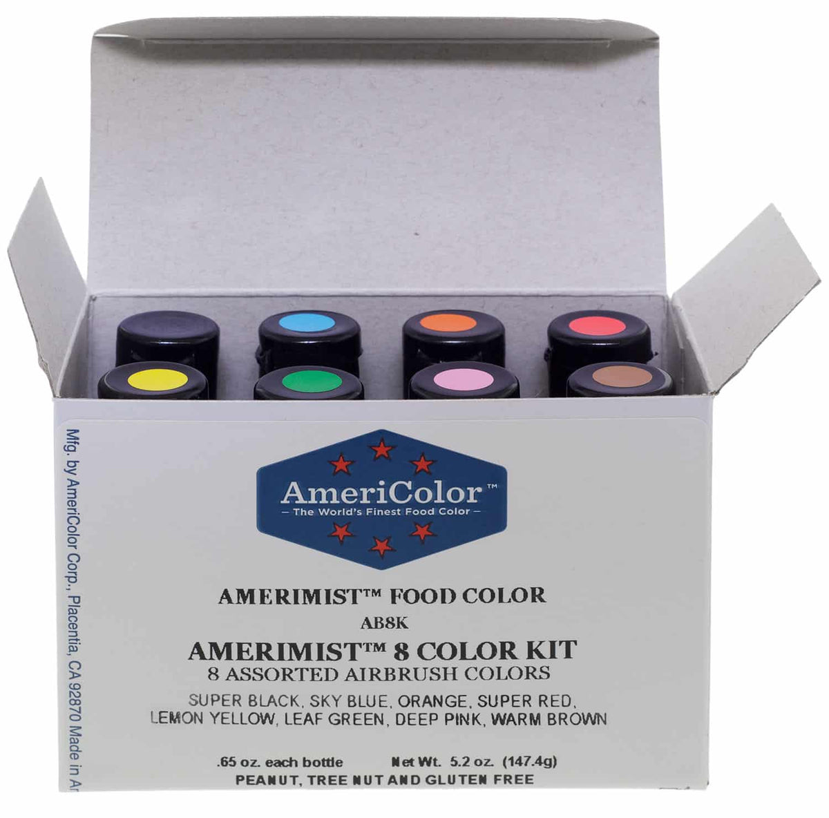Open AmeriColor® AmeriMist™ 8 Color Airbrush Kit box showing eight bottles with color-coded caps in black, blue, orange, red, yellow, green, pink, and brown.