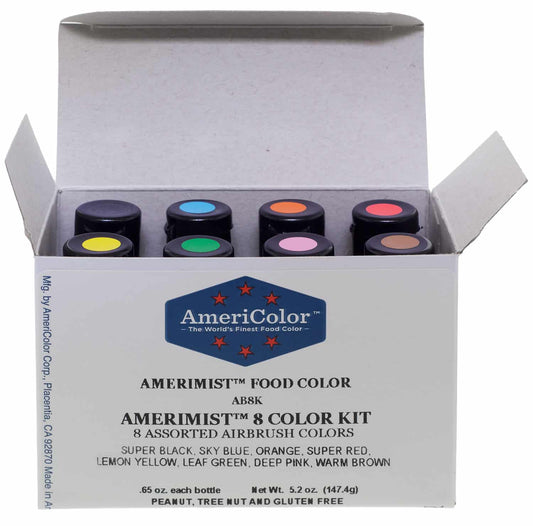 Open AmeriColor® AmeriMist™ 8 Color Airbrush Kit box showing eight bottles with color-coded caps in black, blue, orange, red, yellow, green, pink, and brown.