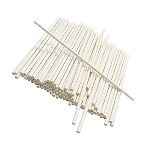 Stack of long white lollipop sticks bundled together on a white background, showing extra-length sticks for large cake pops, cookies on a stick, and candy molds.