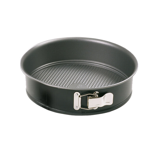 Black 8-inch nonstick springform pan with textured removable base, tall round sides, and a silver spring latch shown on a white background.
