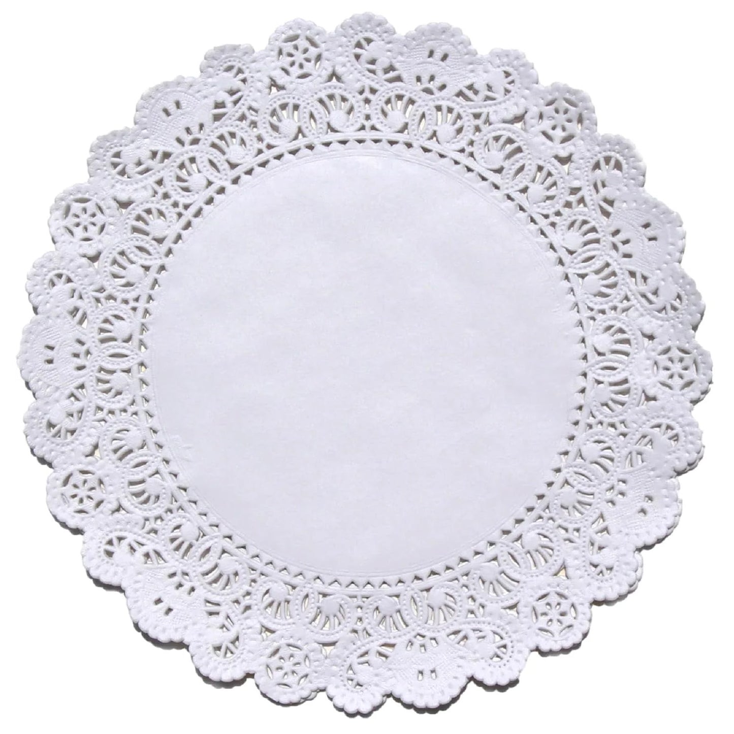 8 inch white round paper lace doily with ornate lace-style border and solid center circle, shown on a white background.