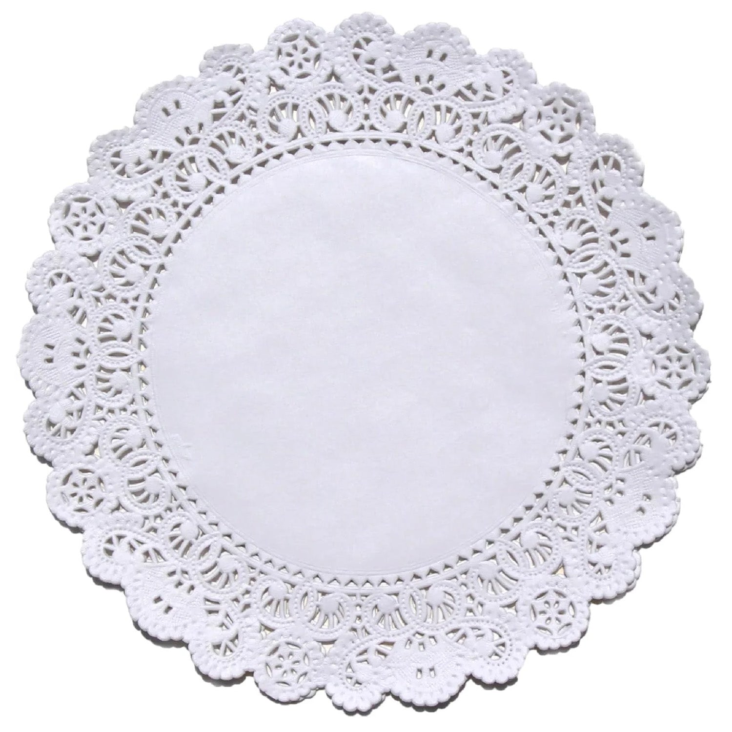 8 inch white round paper lace doily with ornate lace-style border and solid center circle, shown on a white background.