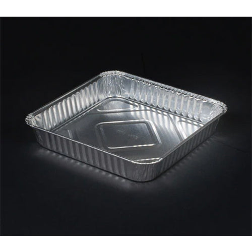 Single 8-inch square foil baking pan with ridged sides, ideal for brownies, cakes, and disposable baking needs.