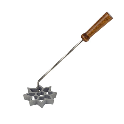 8-pointed star Timbale mold attached to a wooden handle - Displaying the mold connected to a wooden handle, ready for safe use during frying.